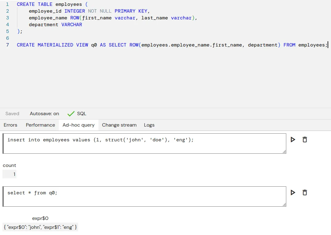 Inserting and querying ROW types in tables and views