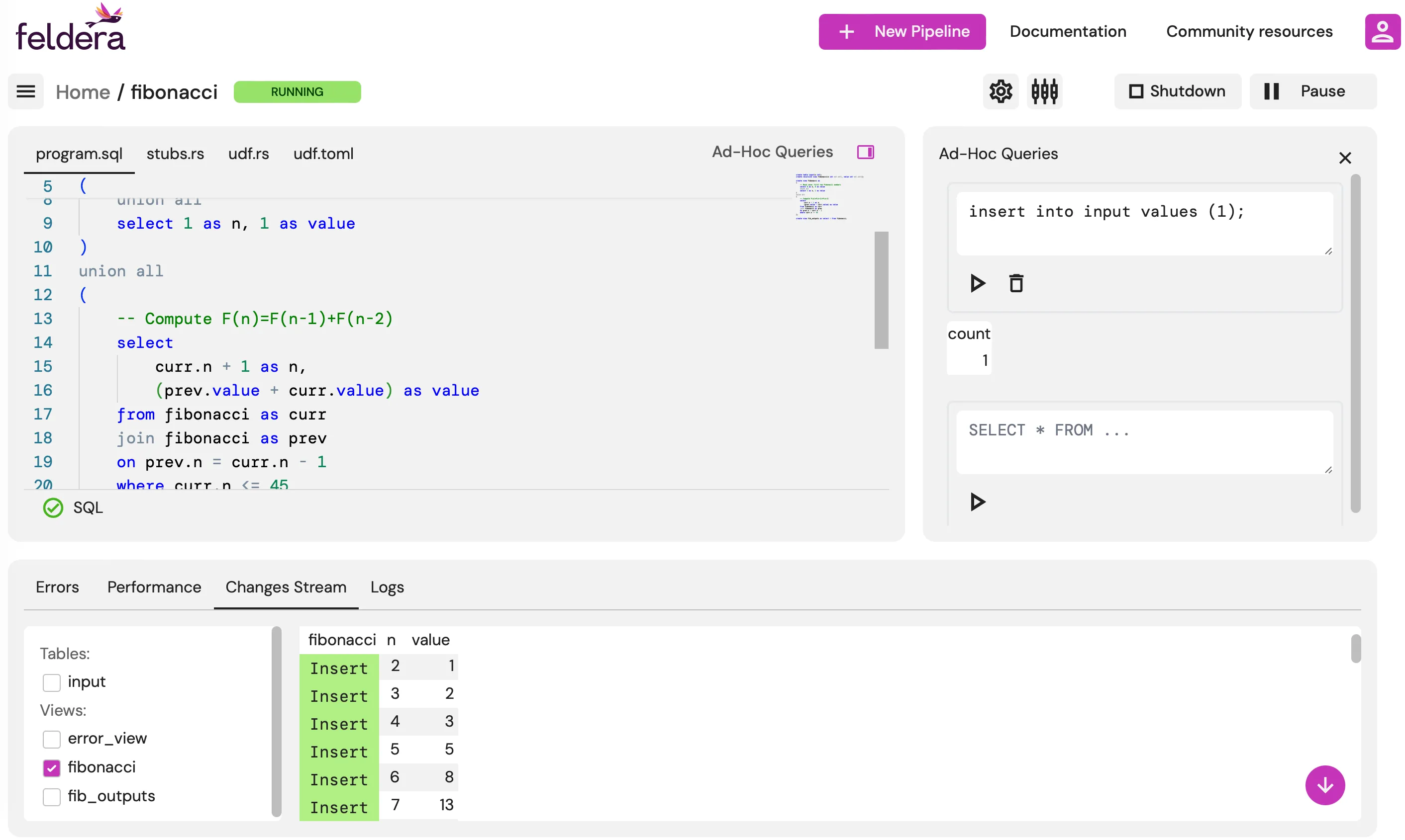 Screenshot of the revamped Feldera Webconsole in v0.31