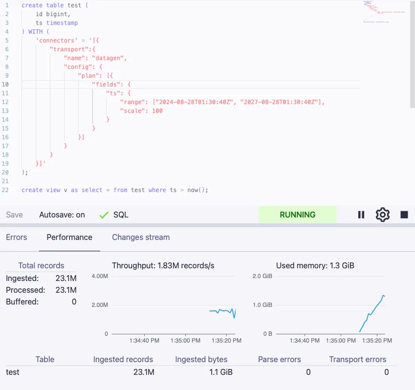 a screenshot showcasing the revamped throughput and memory graphs in the Webconsole, along with an example SQL program utilizing NOW() and a temporal filter