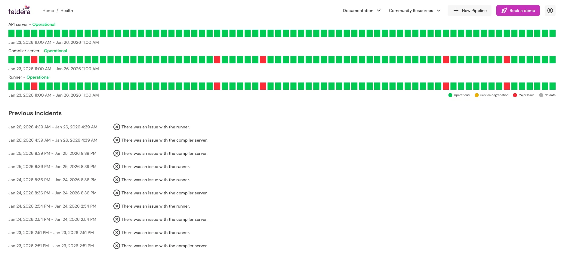 Full dashboard view showing the health status page view of API server, compiler server, and runner.