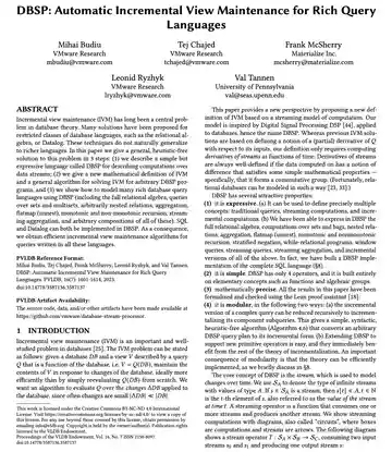 DBSP Paper awarded Best Research Paper at VLDB