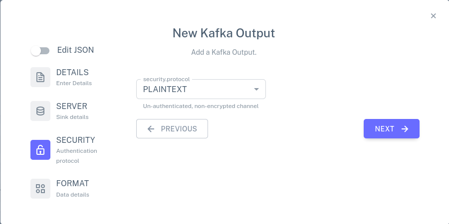 Output Kafka connector config: SECURITY section